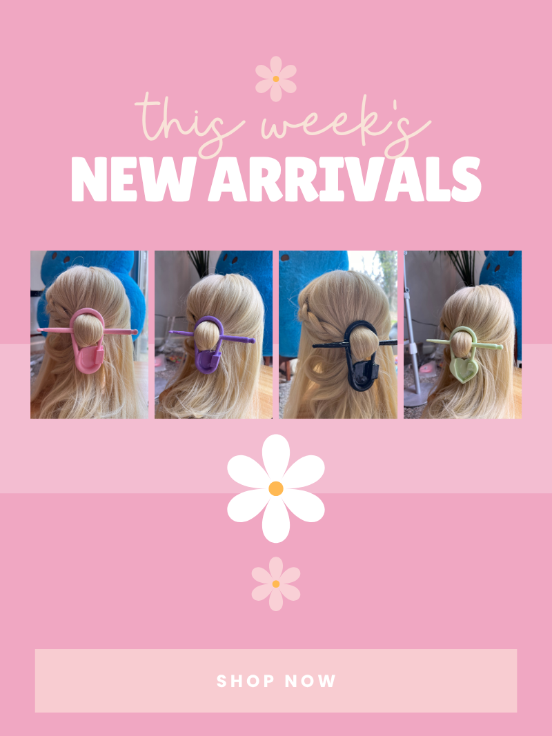 Promotional image for 'This Week's New Arrivals' with hair accessories on a pink background.